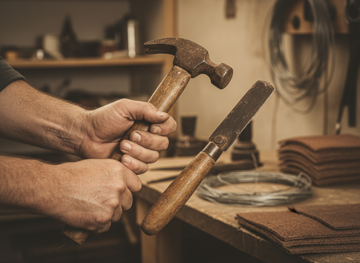 Weathered hands holding a traditional roofing tool